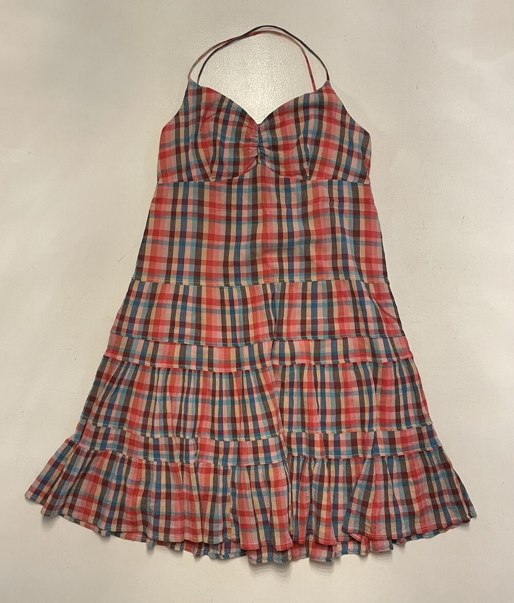 Women Y2K Gap Plaid Mini Dress Size Medium Ruffles Tiered Pink Orange Blue
